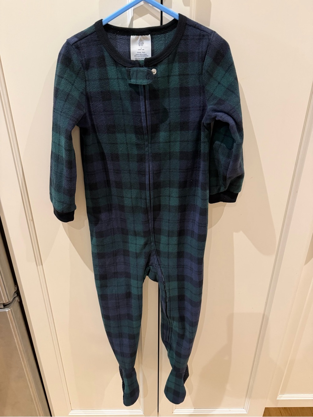 GAP 3t tartan Green and Navy Plaid Footed One-Piece Pajamas